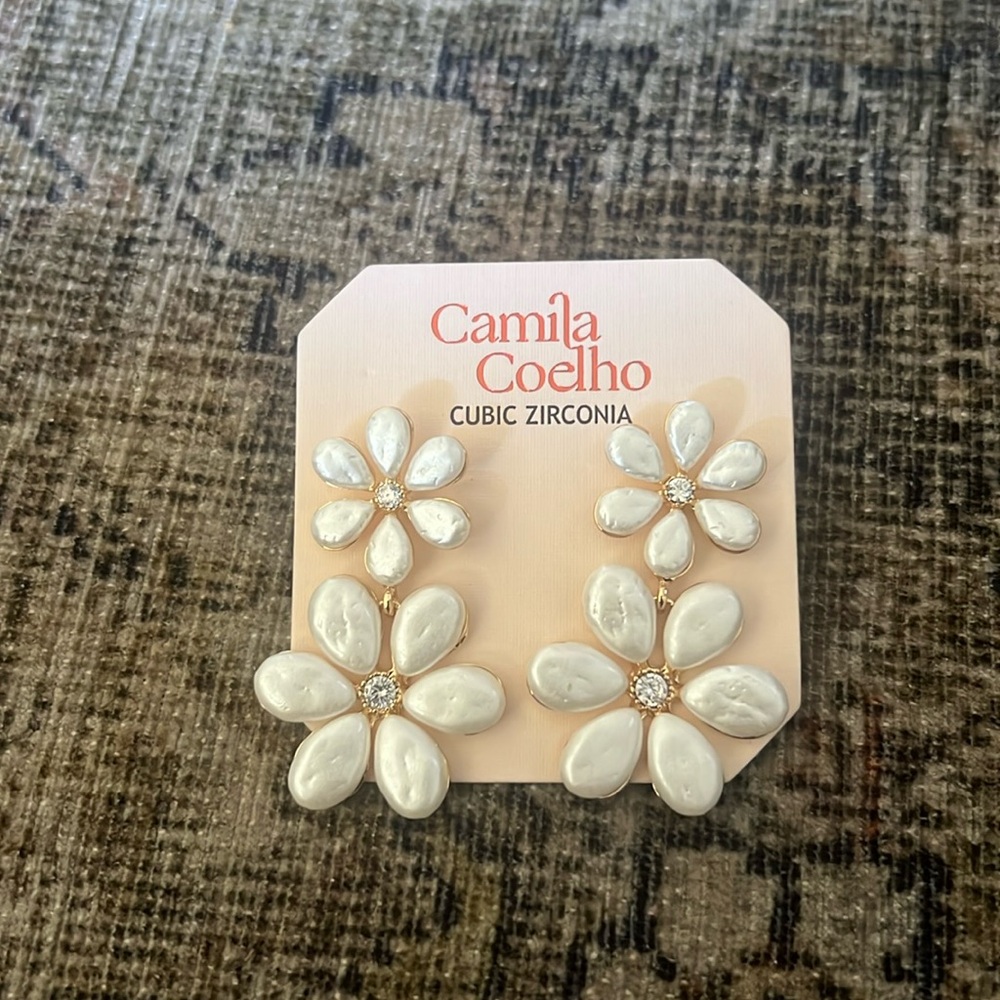 NEW Camila Coelho | Mother Of Pearl White Double Flower Statement Earrings